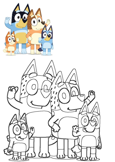 The Bluey Heeler family, Bluey, Bingo, Bandit, and Chilli, are pictured waving in a colorful image and a black and white outline.