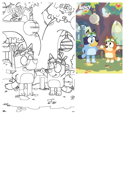 Bluey and Bingo are shown crafting outdoors, wearing flower crowns under a tree with lanterns. The image features both a colored and outline version.
