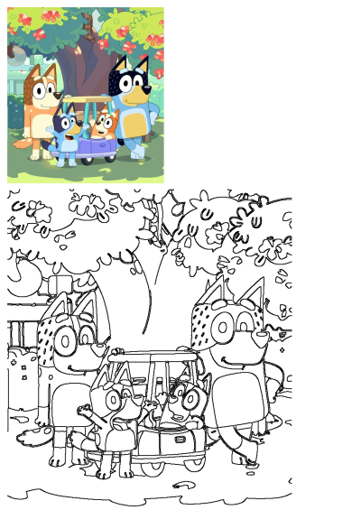 Bluey and Bingo are in a purple toy car, with parents Chilli and Bandit, enjoying family fun outdoors.