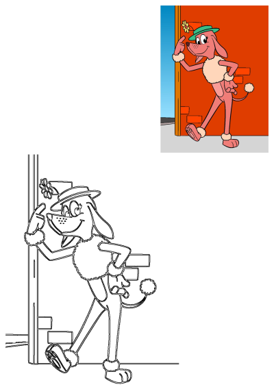 Go Dog Go Frank Police Officer: A cheerful pink poodle wearing a green hat with a yellow flower leans on a red brick wall.