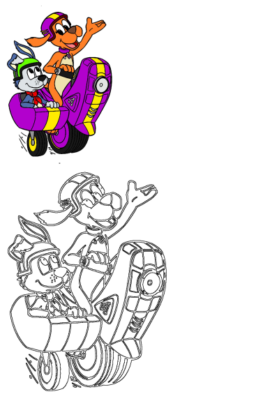 Tag Barker and Scooch Pooch from Go Dog Go soar happily in their vibrant purple and yellow flying car; includes an outline sketch below.