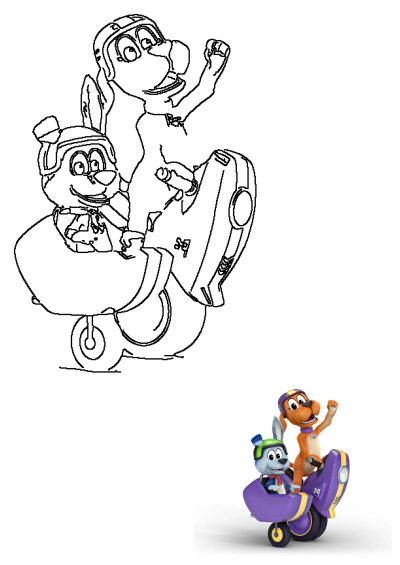 Black outline drawing of Go Dog Go characters Ladybird and Tag Poodle excitedly racing a purple vehicle, with a small full-color image.