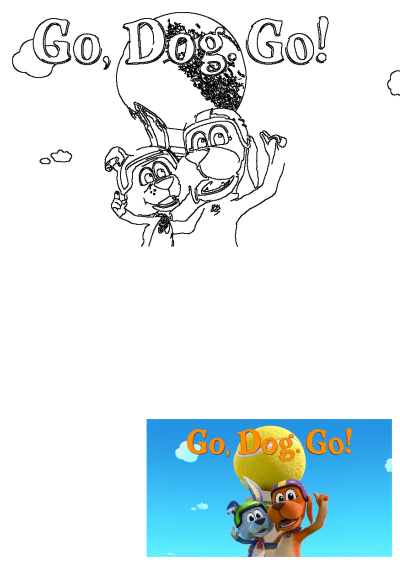 Outline drawing of Go, Dog. Go! characters, including Tag and a large tennis ball, matching the 'Barker Tag' theme.