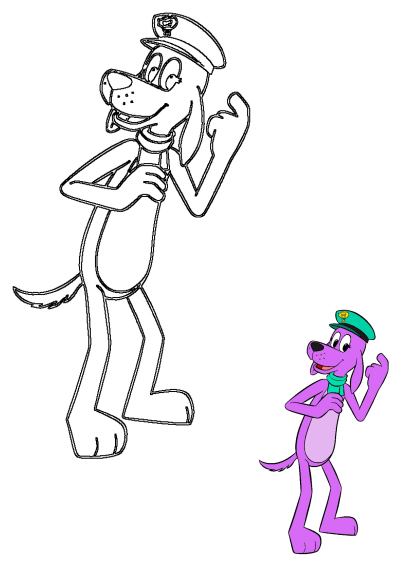 Barker, the purple dog character from Go Dog Go, in a green hat and scarf, presented as both line art and full-color clipart.