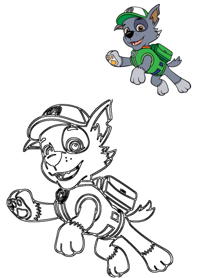 Paw Patrol's Rocky, the recycling pup, is shown happily running in both a vibrant colored illustration and a black outline drawing, perfect for fans.