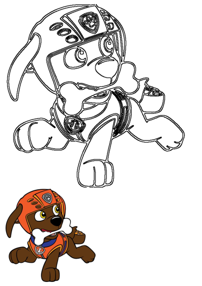 Zuma from Paw Patrol, the chocolate Labrador pup, running with a bone. Features a vibrant colored image and a black outline drawing.