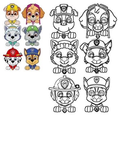 Paw Patrol pups character portraits: vibrant colored illustrations and black line art of Chase, Marshall, Skye, Rubble, Rocky, Everest.