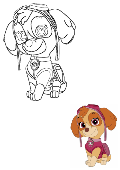 Paw Patrol Skye sitting, presented as both a crisp lineart outline and a vibrant full-color illustration in her iconic pilot uniform.