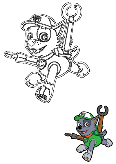 Paw Patrol's Rocky in a dynamic jumping action pose, featuring both an outline for coloring and a full-color example.