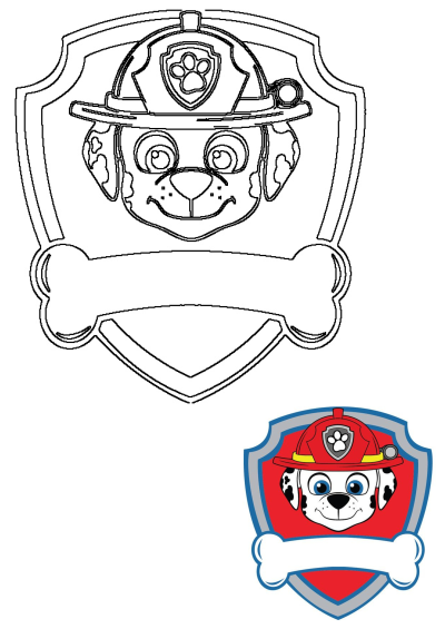 Paw Patrol Marshall the Dalmatian firefighter badge template, including an outline and a vibrant colored version of the emblem.