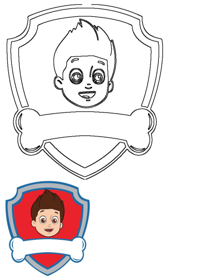 Paw Patrol Ryder Badge Outline, a clear line art template showing Ryder's face within his shield emblem and bone, with a colored example.
