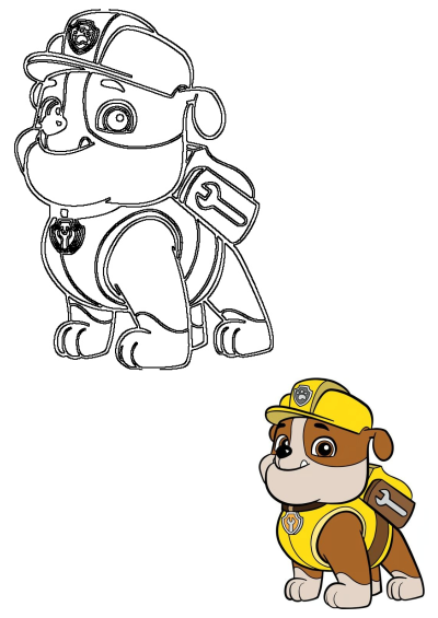 Paw Patrol Rubble, the construction pup, in his iconic yellow uniform. Features both a clear outline drawing and a vibrant colored illustration.