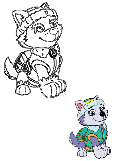 Paw Patrol Everest character outline sitting alongside her vibrant, colored illustration, depicting her ready for adventure.
