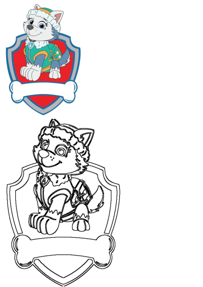 Paw Patrol Everest badge features the smiling husky pup in her snow gear, alongside a black and white outline for printable activities.