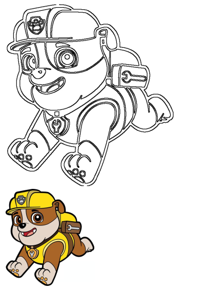 Paw Patrol Rubble running in his yellow construction outfit. The image features both a vibrant colored version and a detailed outline.