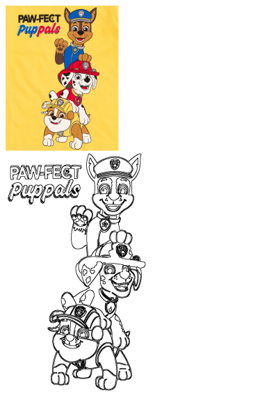 Paw Patrol pups Chase, Marshall, Rubble stacked vertically on a yellow background with 'PAW-FECT Puppals' text. Includes outline art.