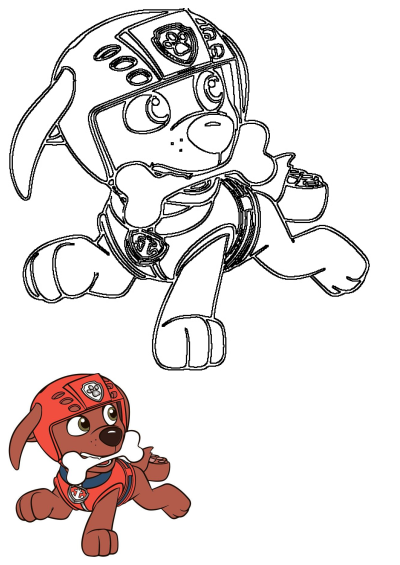 Outline of Paw Patrol's Marshall the fire pup running and holding a bone, with a small colored version for reference.