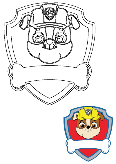 Paw Patrol Rubble's construction badge outline, showcasing the bulldog in his yellow hard hat with paw print logo and bone. A full-color example is also included.