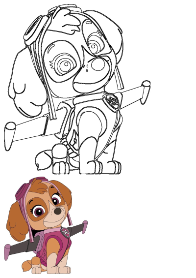 Skye from Paw Patrol, the flying pup, in her pilot gear. Features a detailed outline for coloring and a small colored image.