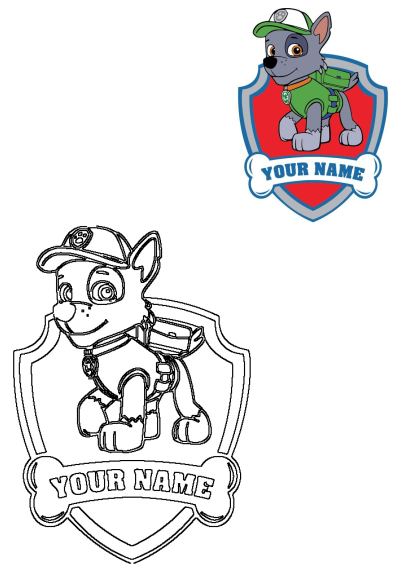 Paw Patrol Rocky personalized badge design. Features colored and outline versions of Rocky in his green uniform, ready for custom names.