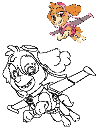 Paw Patrol Skye, the cockapoo aviator, flying front with her pink gear, alongside an outline version for drawing or tracing.