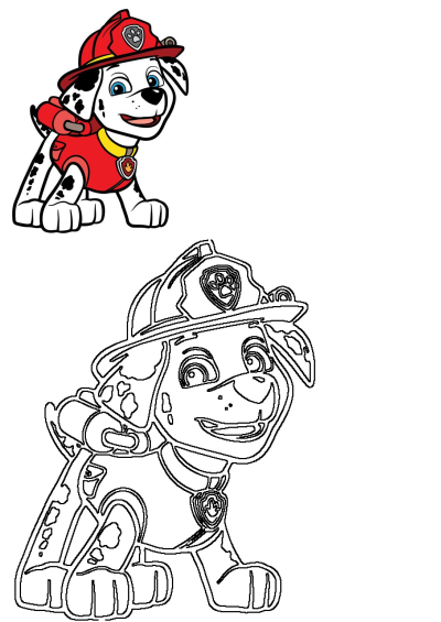 A colorful image of Paw Patrol's Marshall, the firefighter puppy, sitting, paired with a black and white outline.