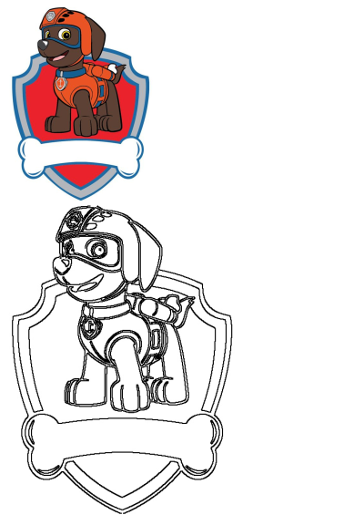 Paw Patrol Zuma badge featuring a vibrant colored illustration of the rescue pup and a black line art outline version.