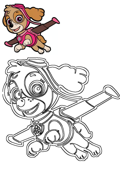 Paw Patrol Skye flying in her pink aviator uniform, ready for adventure. A full-color illustration and a black-and-white outline are shown.