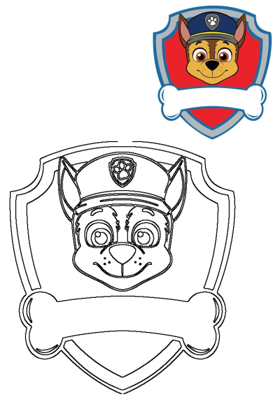 Paw Patrol Chase badge featuring the police dog in his hat. Includes a vibrant full-color illustration and a black outline for creative use.