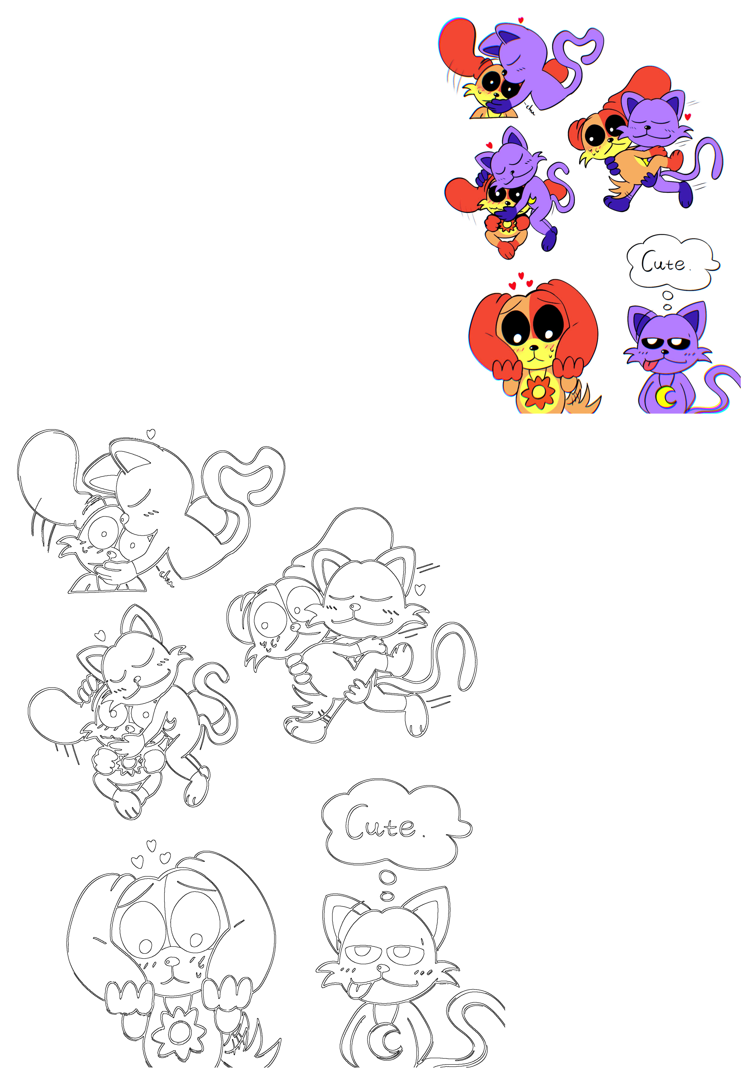 Cute cartoon purple cats and an orange fox-like character cuddling, hugging, and showing affection with hearts, also in outline form.