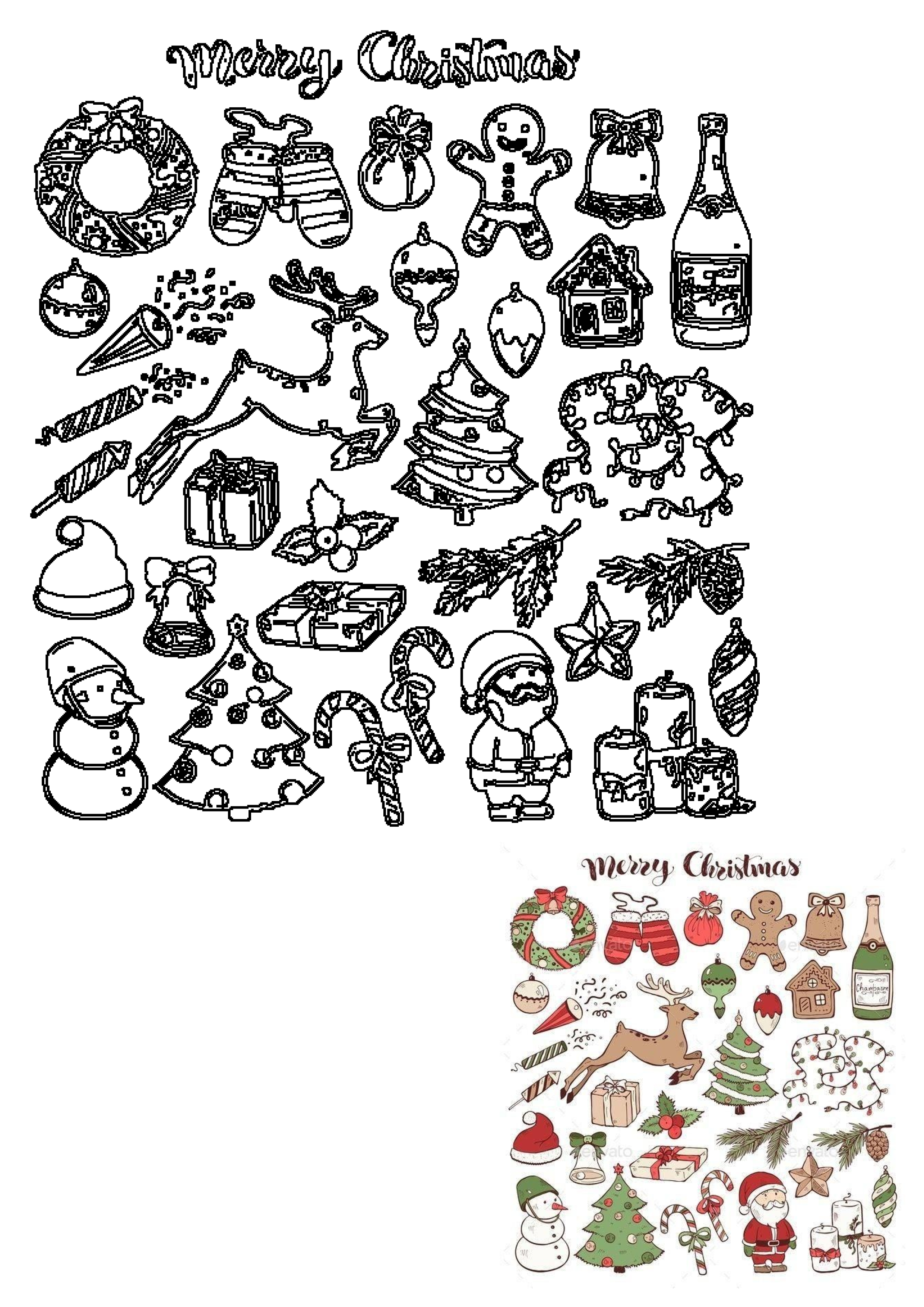 Outline Christmas holiday doodle elements collection featuring Santa, snowman, tree, gifts, wreath, bells, and ornaments.