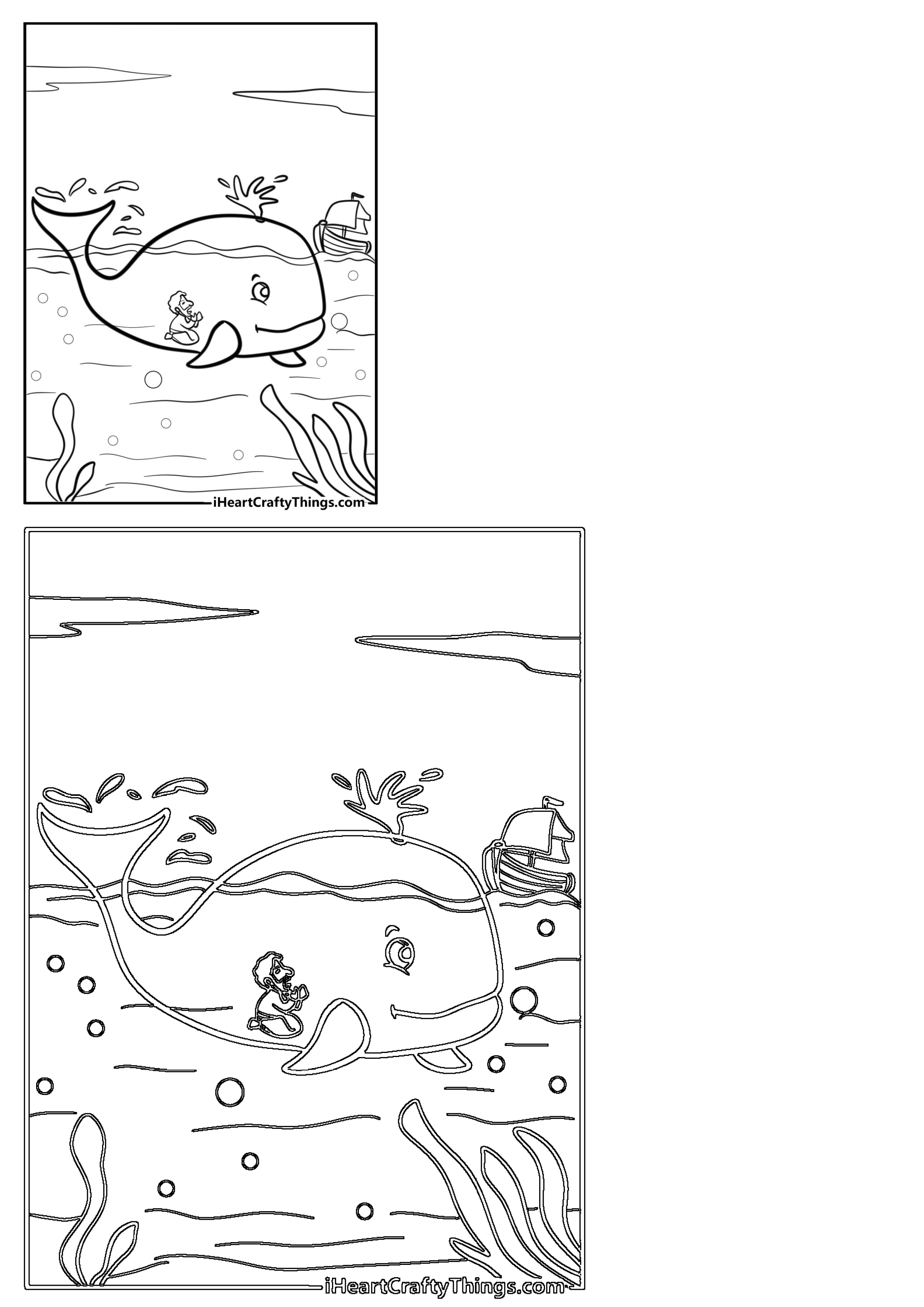 An outline drawing depicting Jonah riding a friendly whale in the ocean, with a ship in the background, bubbles, and seaweed.