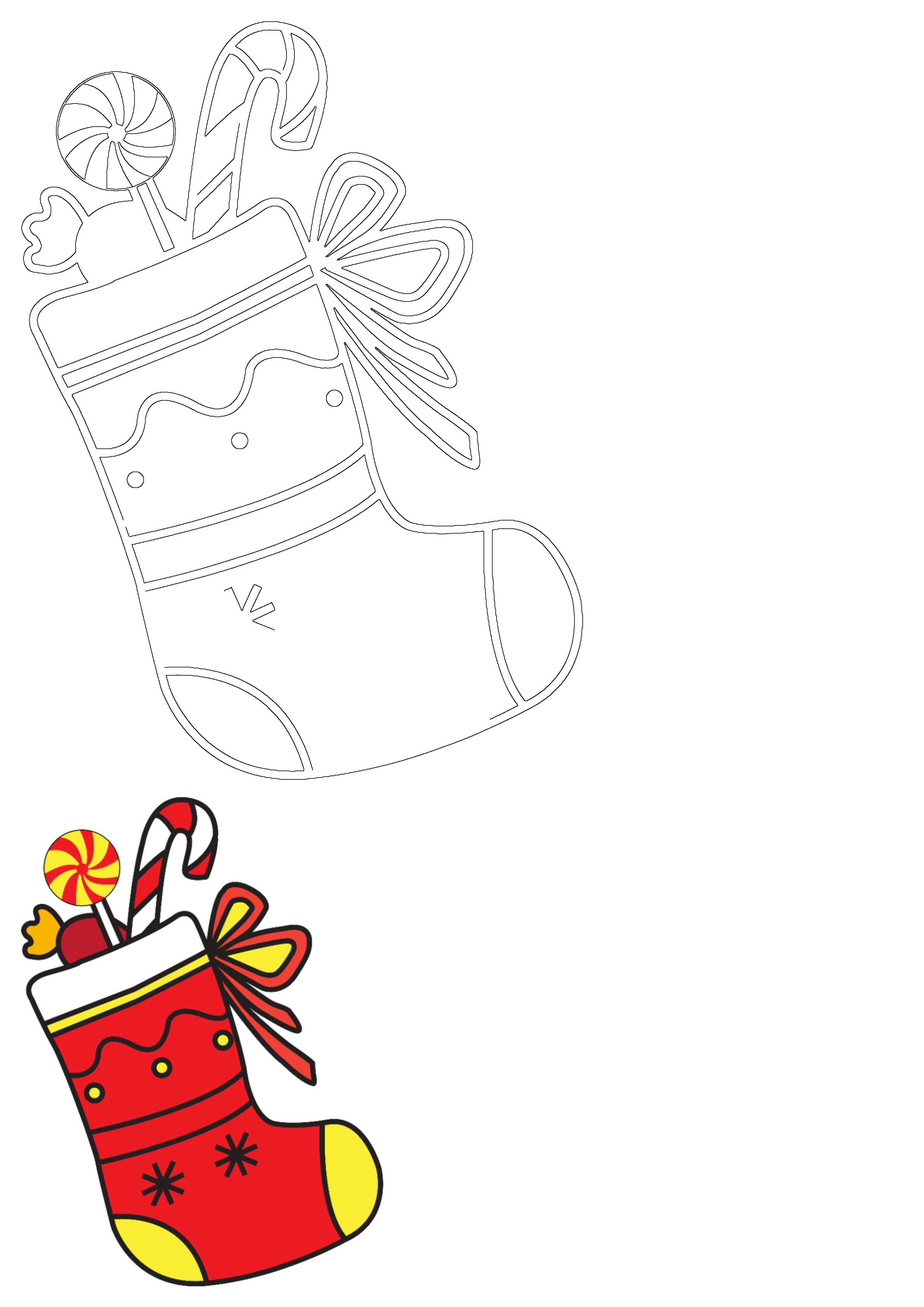 An illustration of a Christmas stocking filled with a candy cane and lollipop, shown as both a black and white outline and a vibrant colored version.