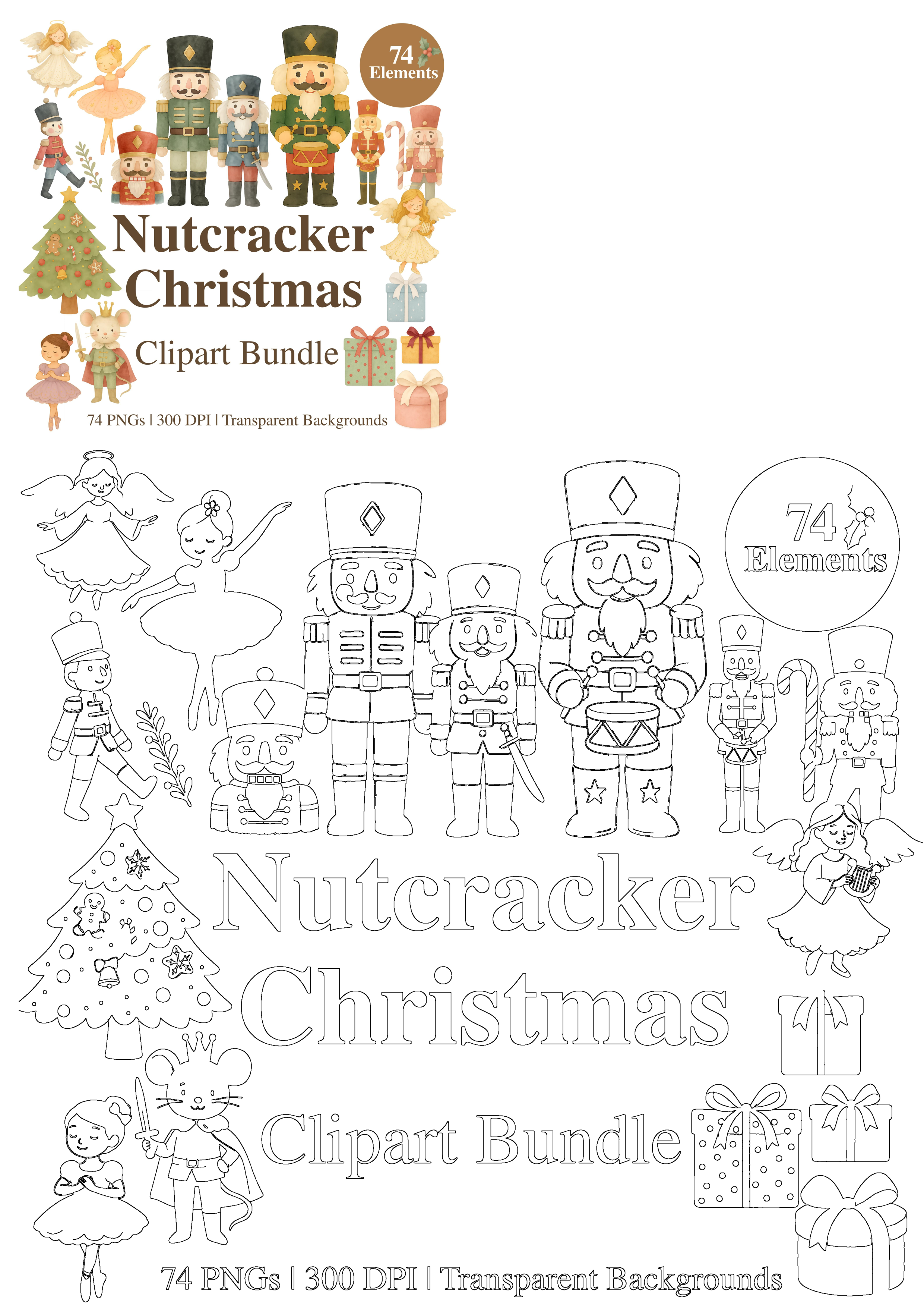 Nutcracker Christmas clipart bundle with watercolor and outline illustrations. Features nutcrackers, ballerinas, angels, mouse king, festive trees, and gifts for holiday designs.