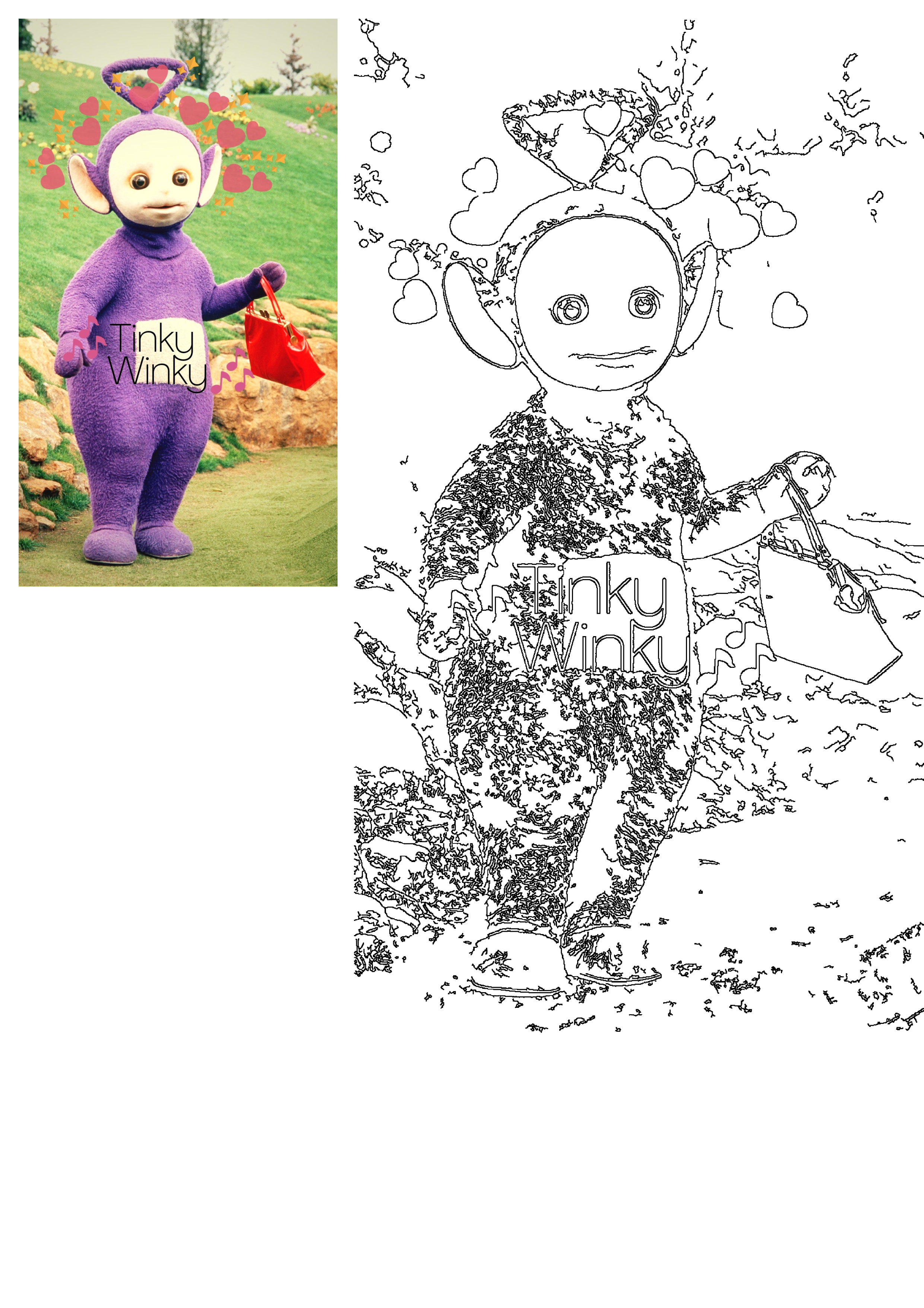 Tinky Winky, the purple Teletubby, stands on a grassy hill with hearts and stars, holding his red bag. Includes an outline version.