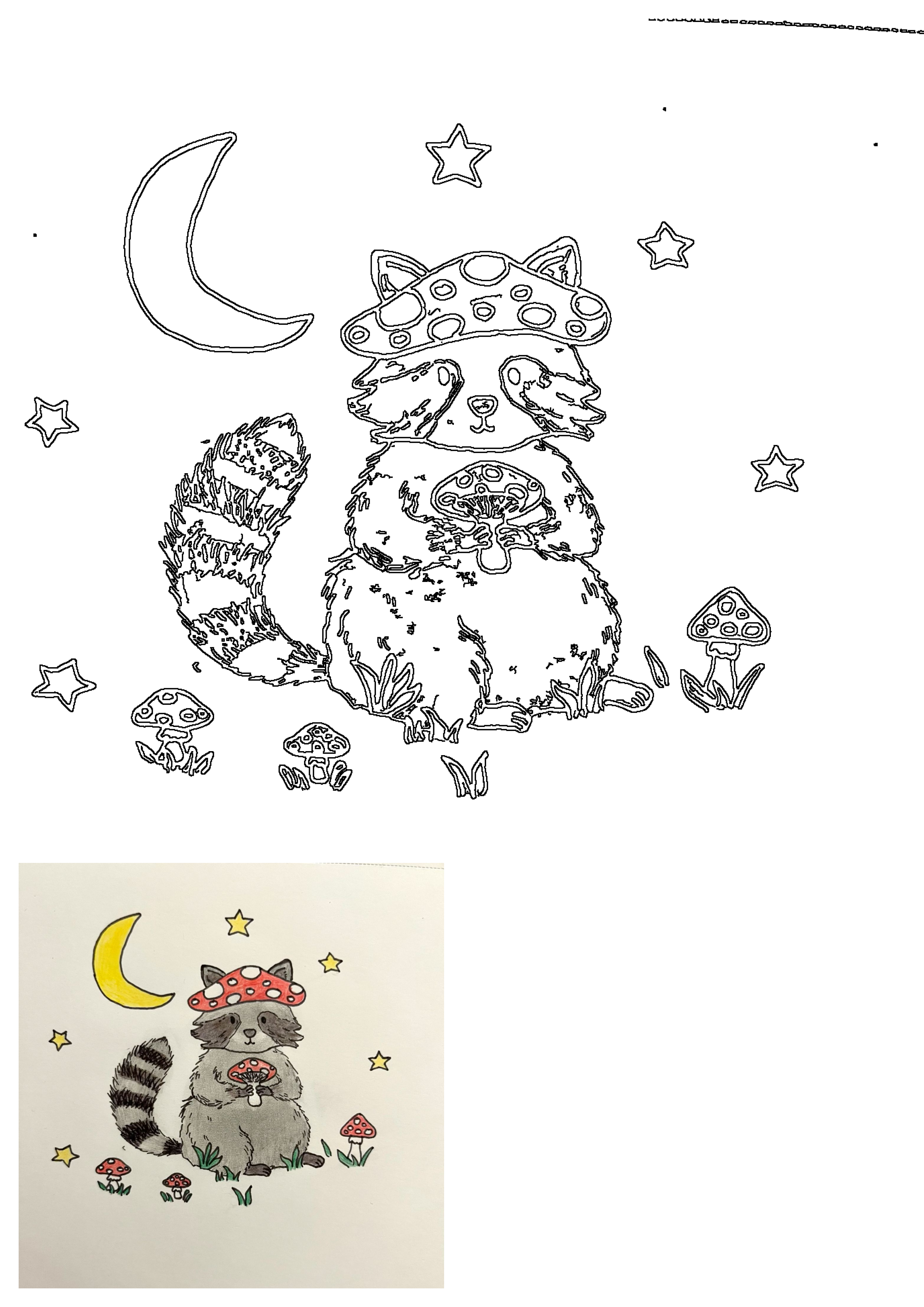 Cute forest creature artwork: a raccoon in a mushroom hat, holding a mushroom, under a moon and stars. Includes outline and colored art.