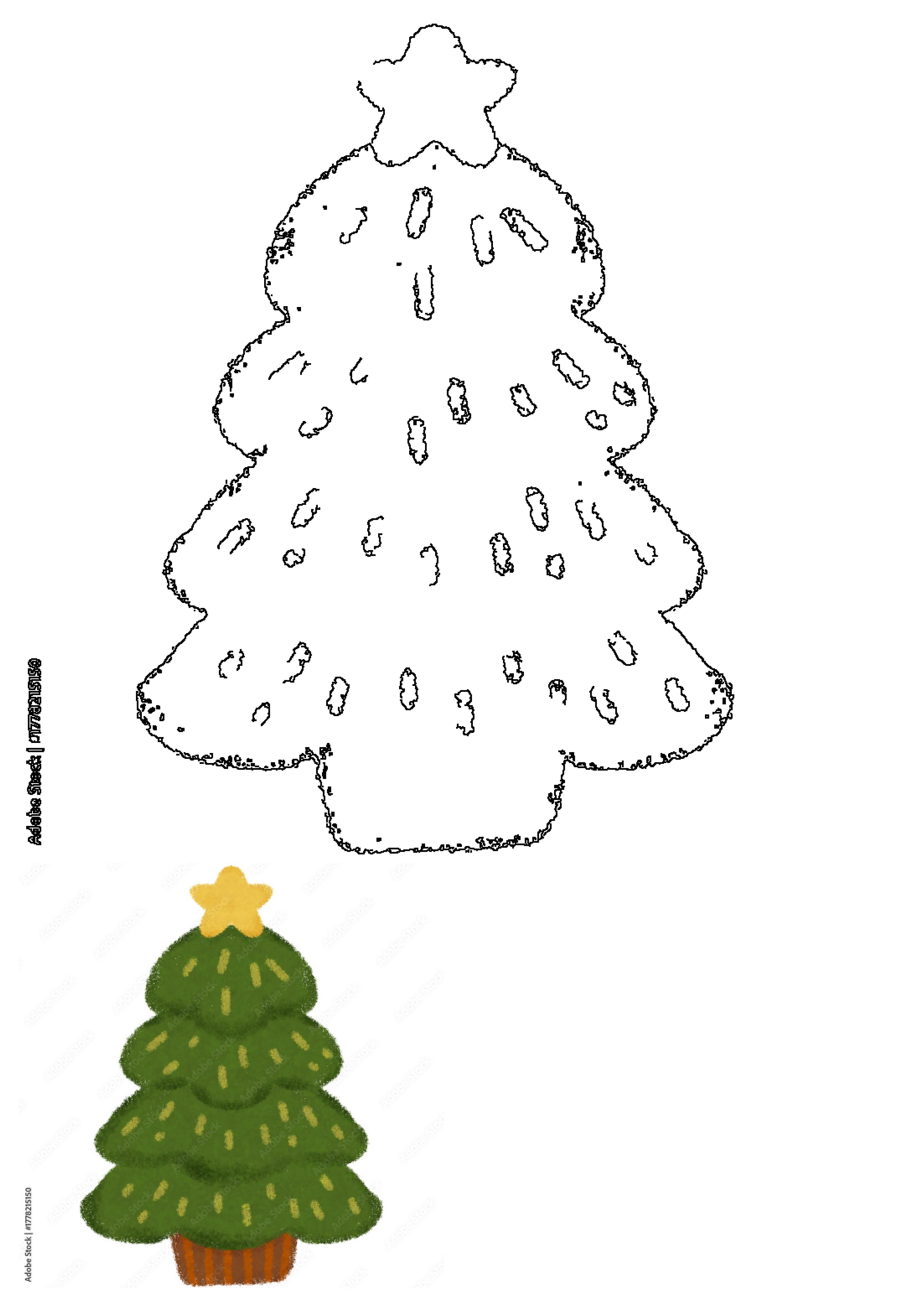 A festive illustration featuring a green Christmas tree with a yellow star and a black outline version with simple decorations.