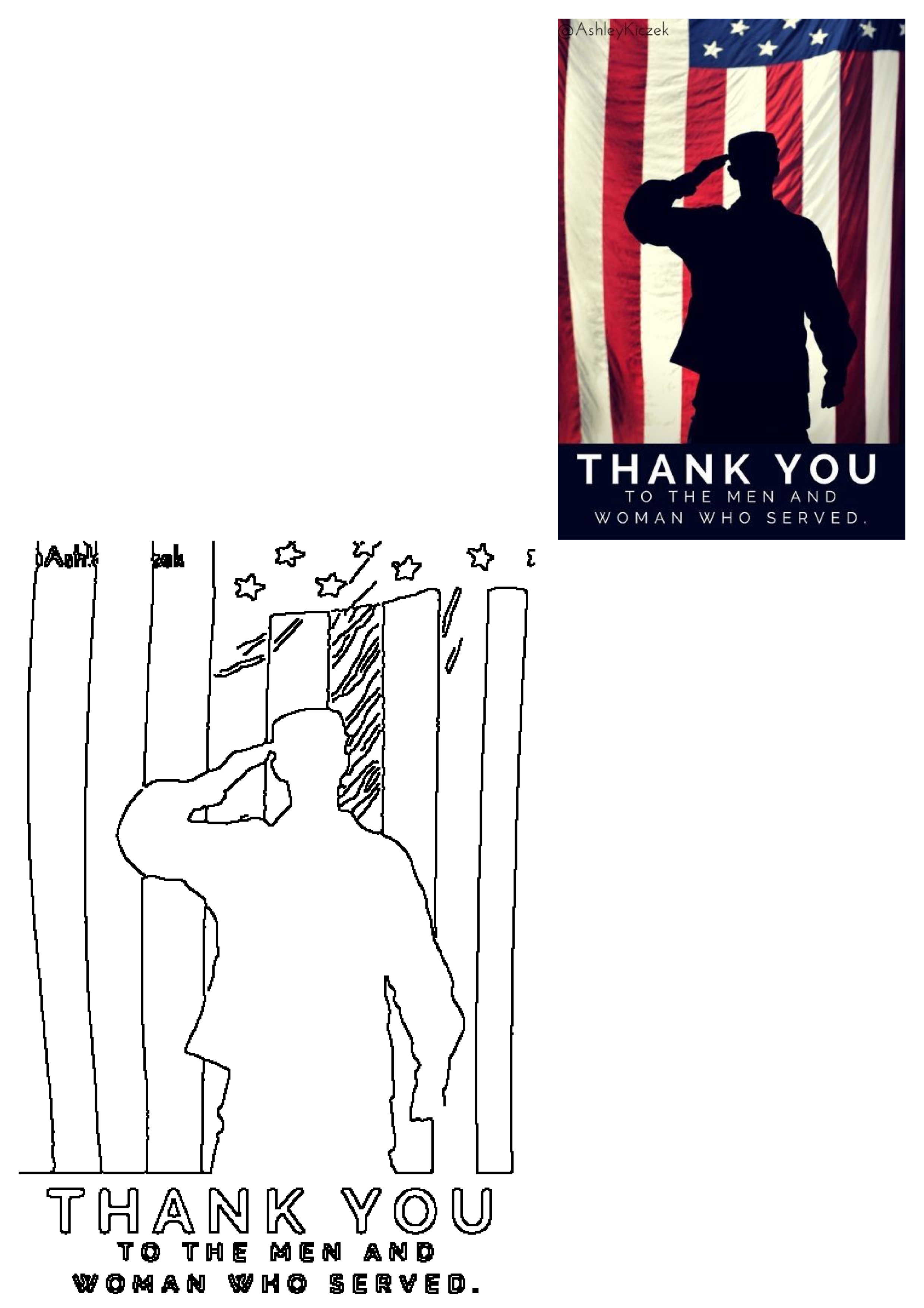 A powerful graphic and outline drawing: a soldier's silhouette salutes the American flag, with 'Thank You' to those who served.