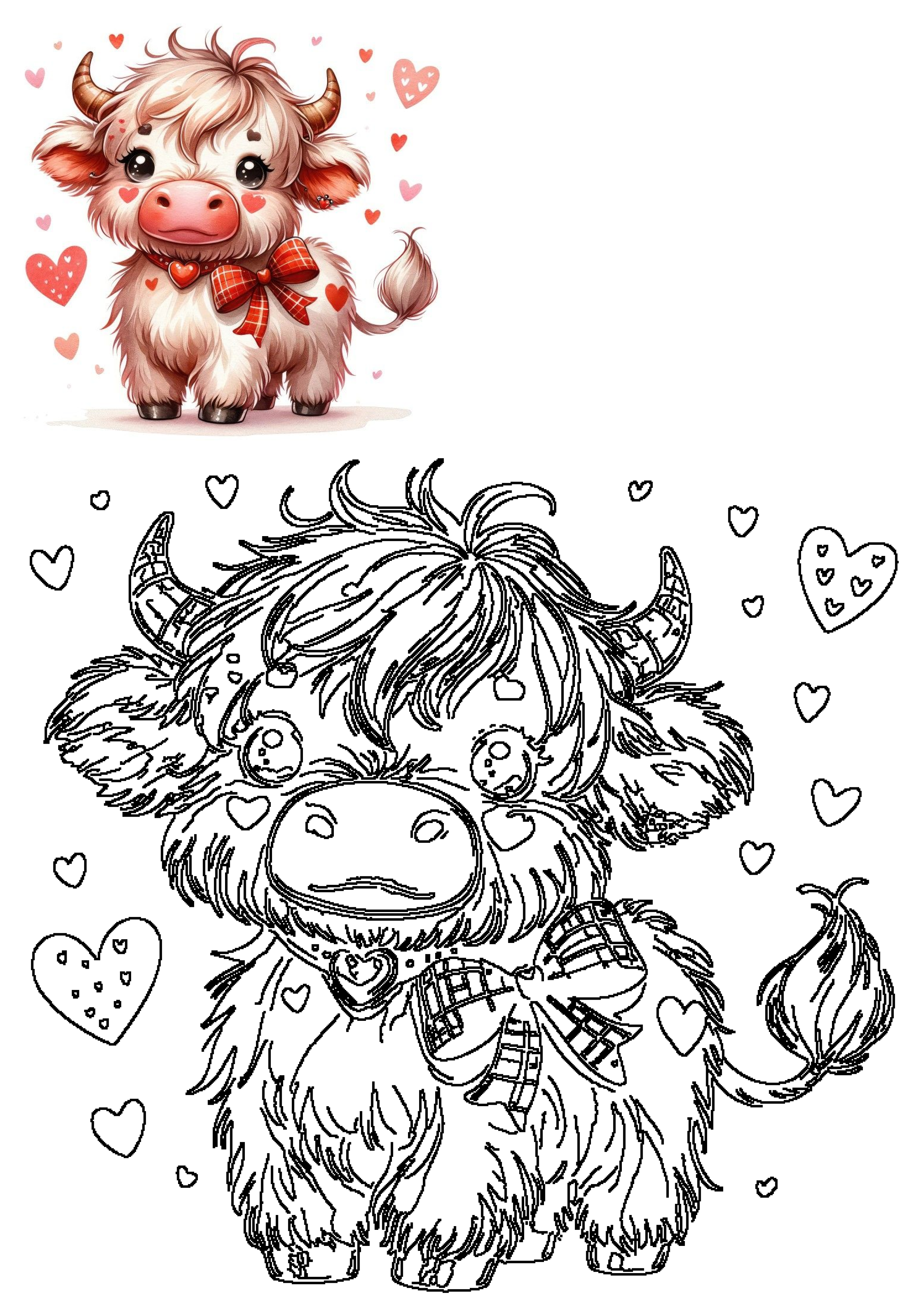 Adorable fluffy cartoon cow in a Valentine's Day theme with hearts, a red bow, and its accompanying line art.