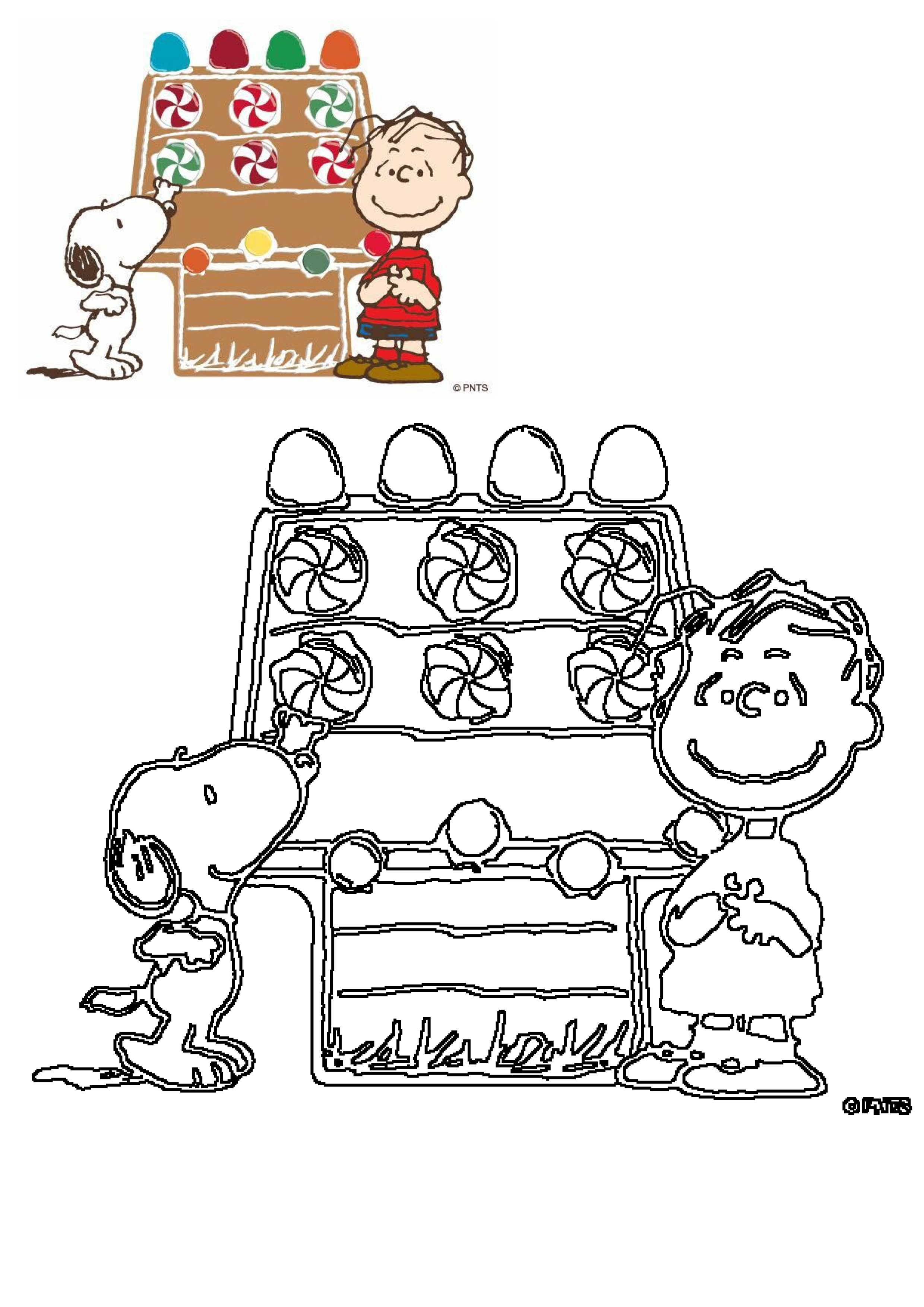 Snoopy and Linus from Peanuts decorating a festive gingerbread house with colorful candies, a joyful Christmas activity.
