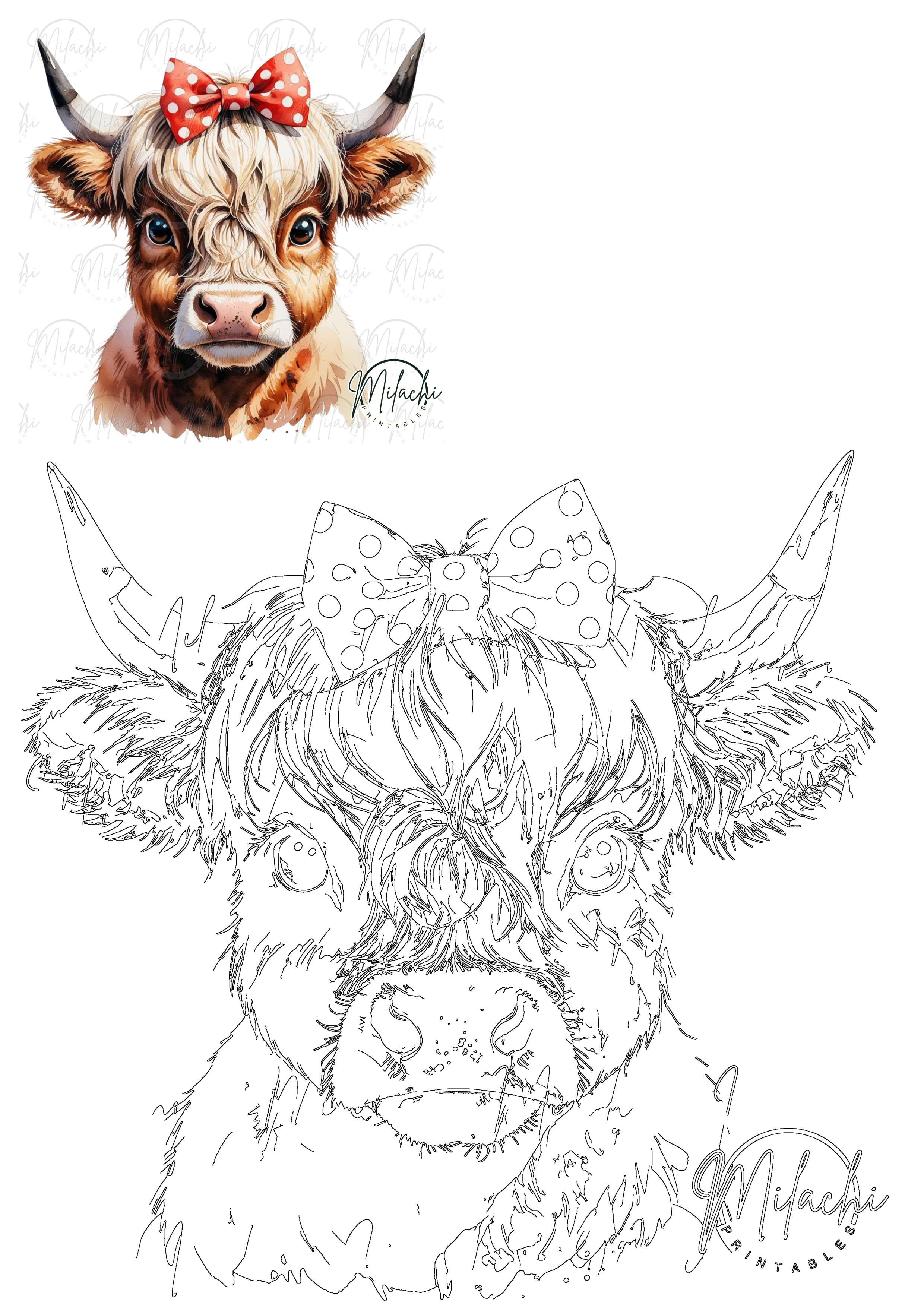 A cute watercolor Highland cow featuring a charming red polka dot bow. This adorable farm animal clipart is perfect for designs.