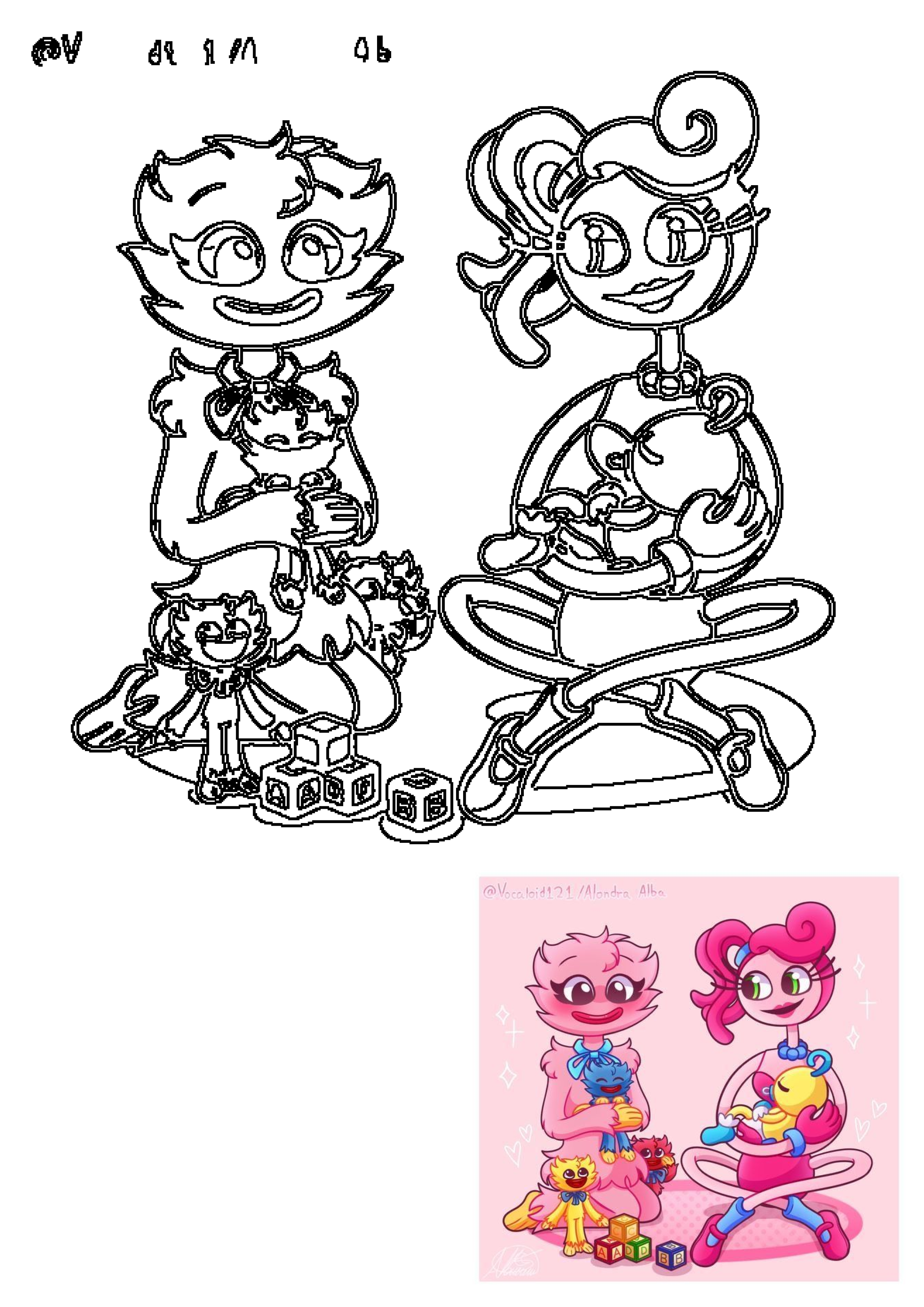 Cute fan art line drawing featuring Mommy Long Legs and Kissy Missy with their adorable children and building blocks.