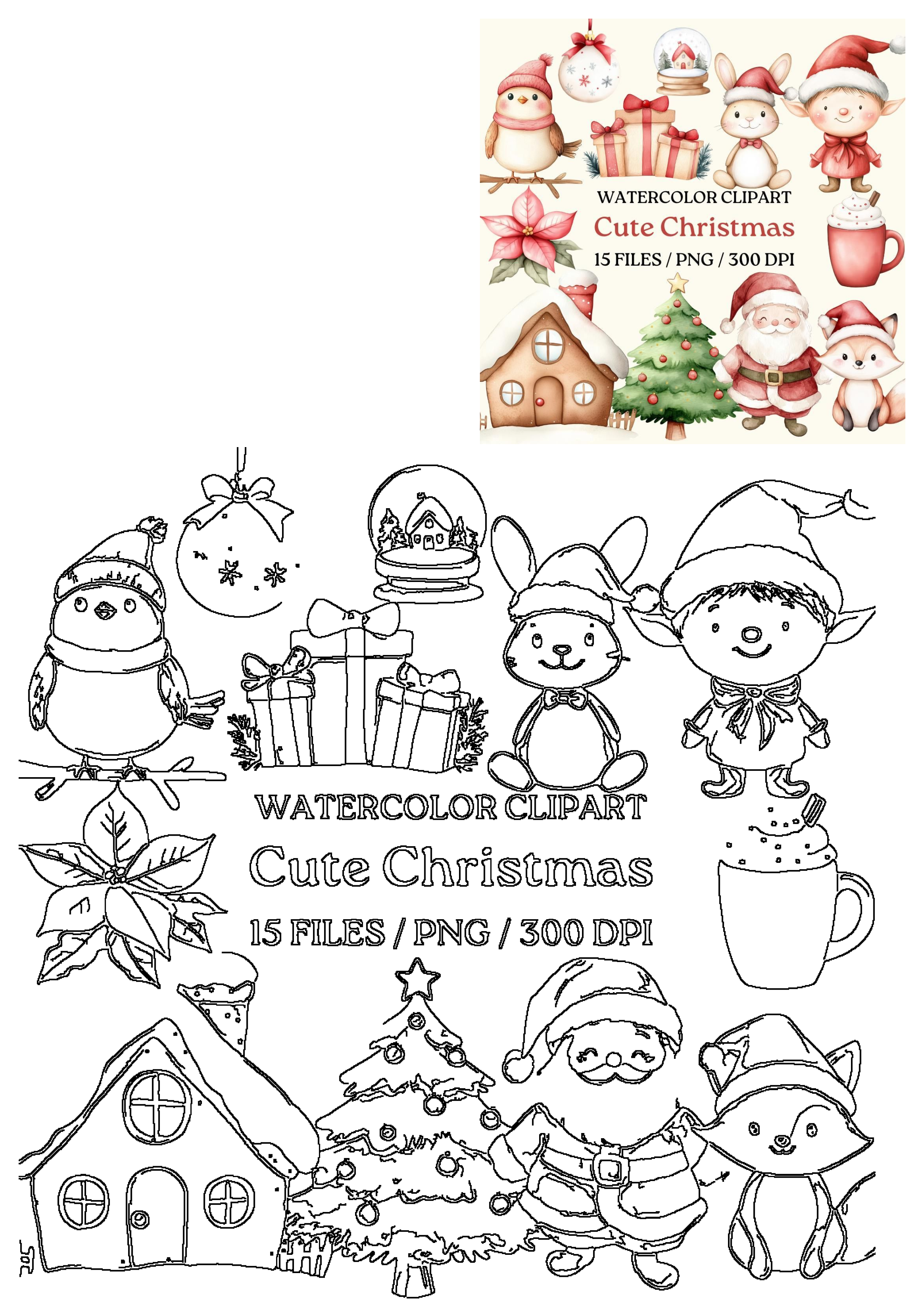 Adorable Christmas watercolor clipart bundle with Santa, elf, animals, gingerbread house, Christmas tree, gifts, and festive decor.