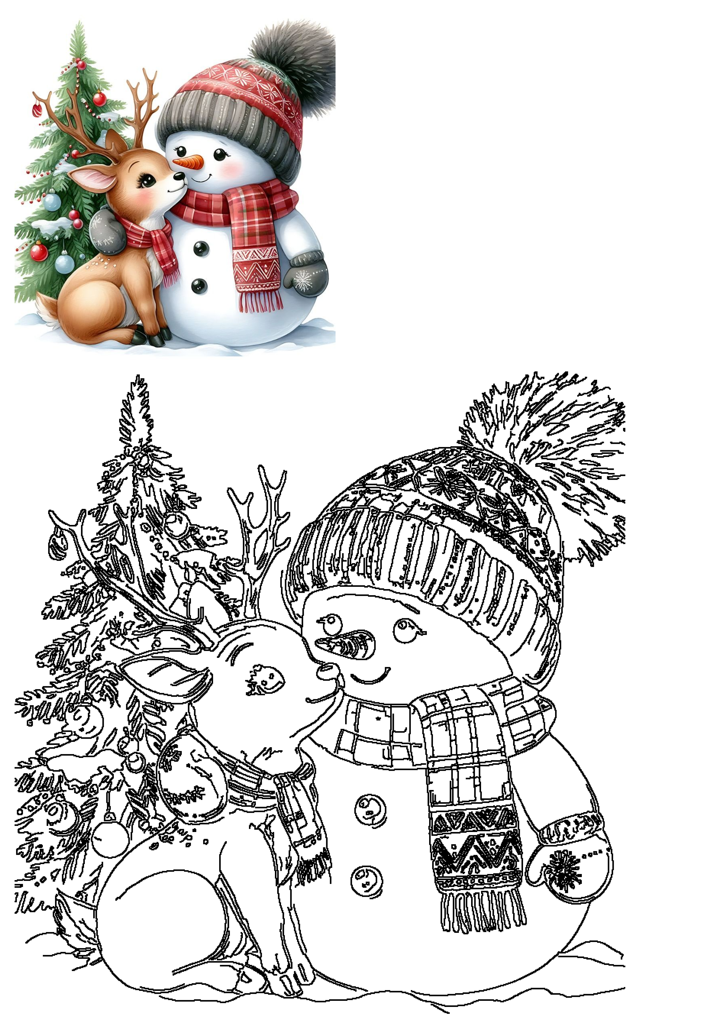 Charming winter illustration of a snowman and a deer nuzzling by a Christmas tree, presented in both colored and outline art.