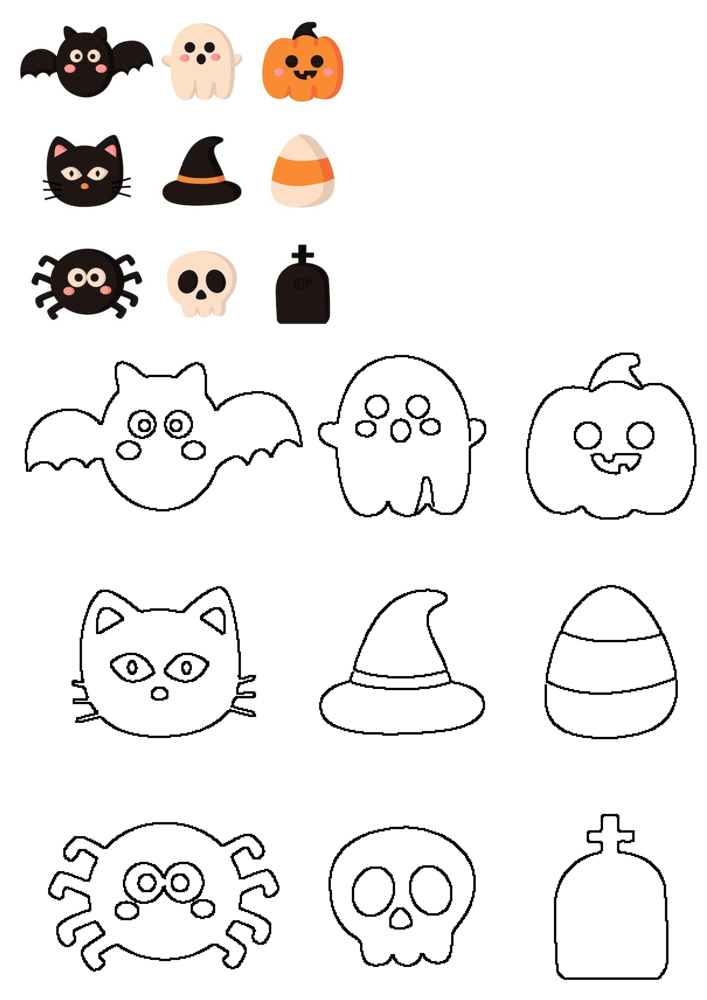 Cute Halloween icons: bat, ghost, pumpkin, cat, spider, skull, witch hat, candy corn, gravestone. Both colorful and outline versions for crafts.