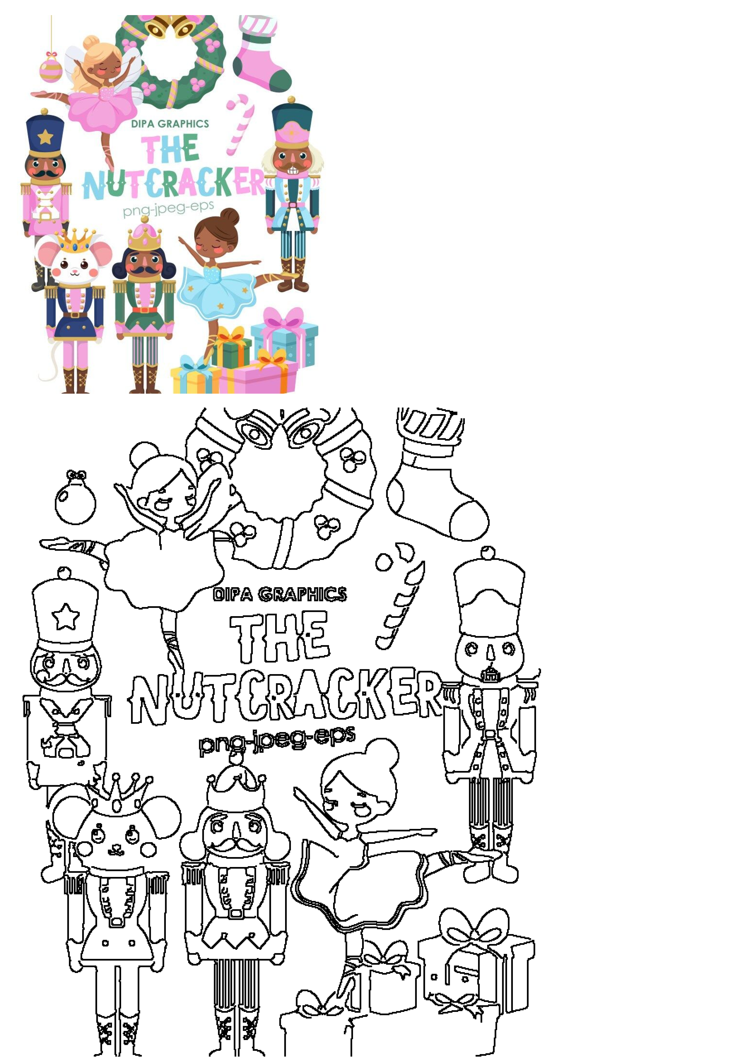Colorful Nutcracker ballet characters clipart: ballerina, nutcracker soldiers, mouse king, festive gifts, and Christmas decor, with outline art.