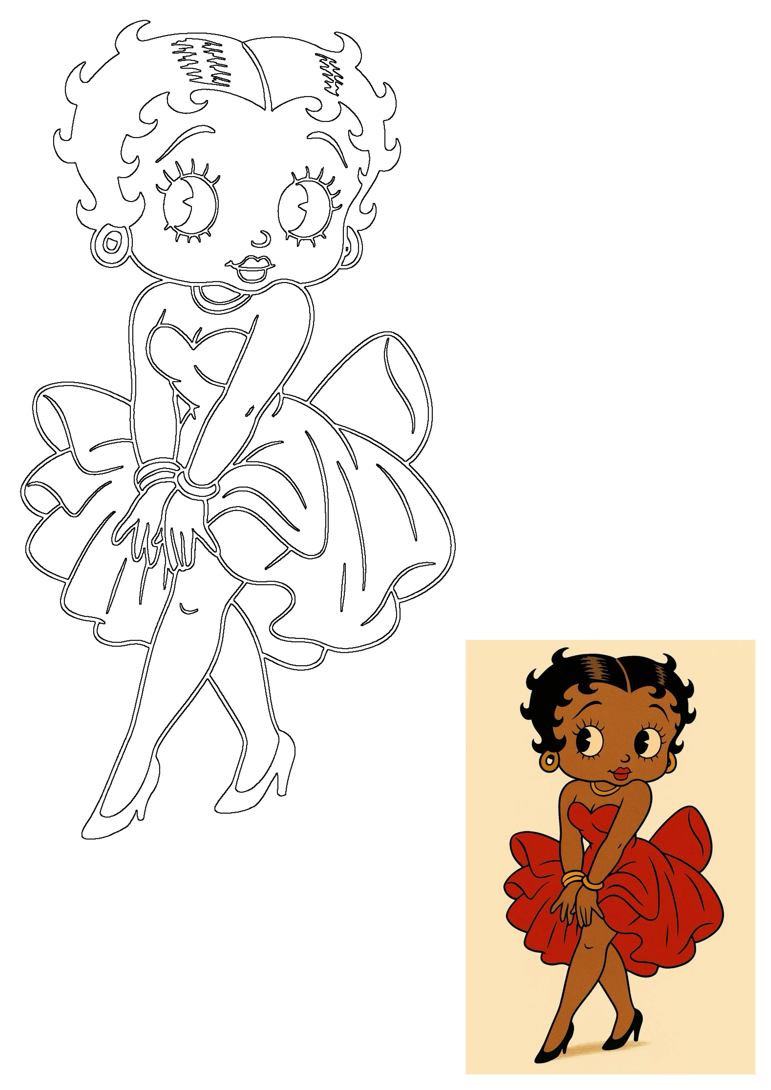 Classic Betty Boop cartoon outline drawing in her iconic red dress pose, accompanied by a small colored image for reference.