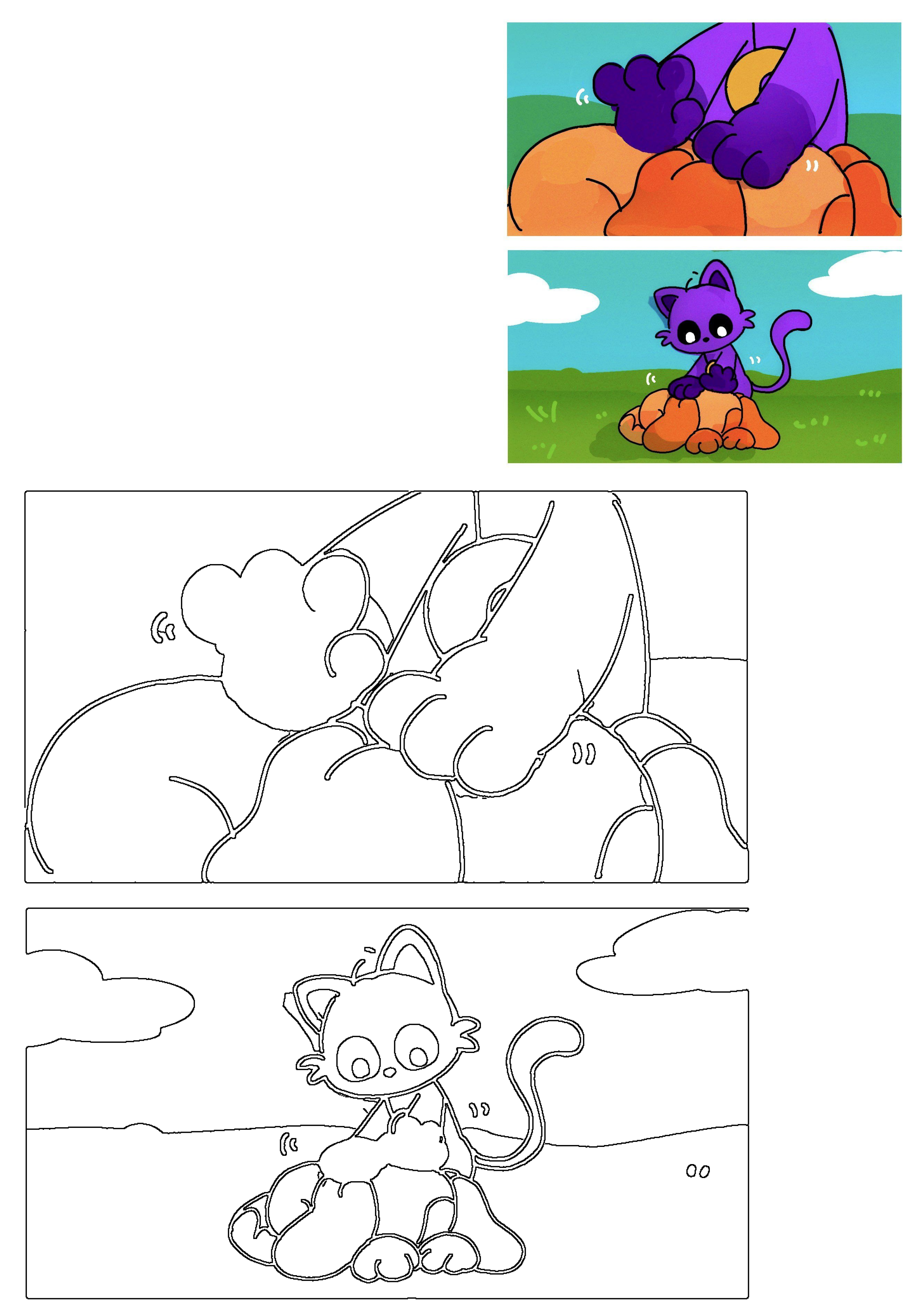 A cute purple cartoon kitten with large eyes sits on and gently kneads soft orange rocks in a vibrant green field. Adorable digital art.