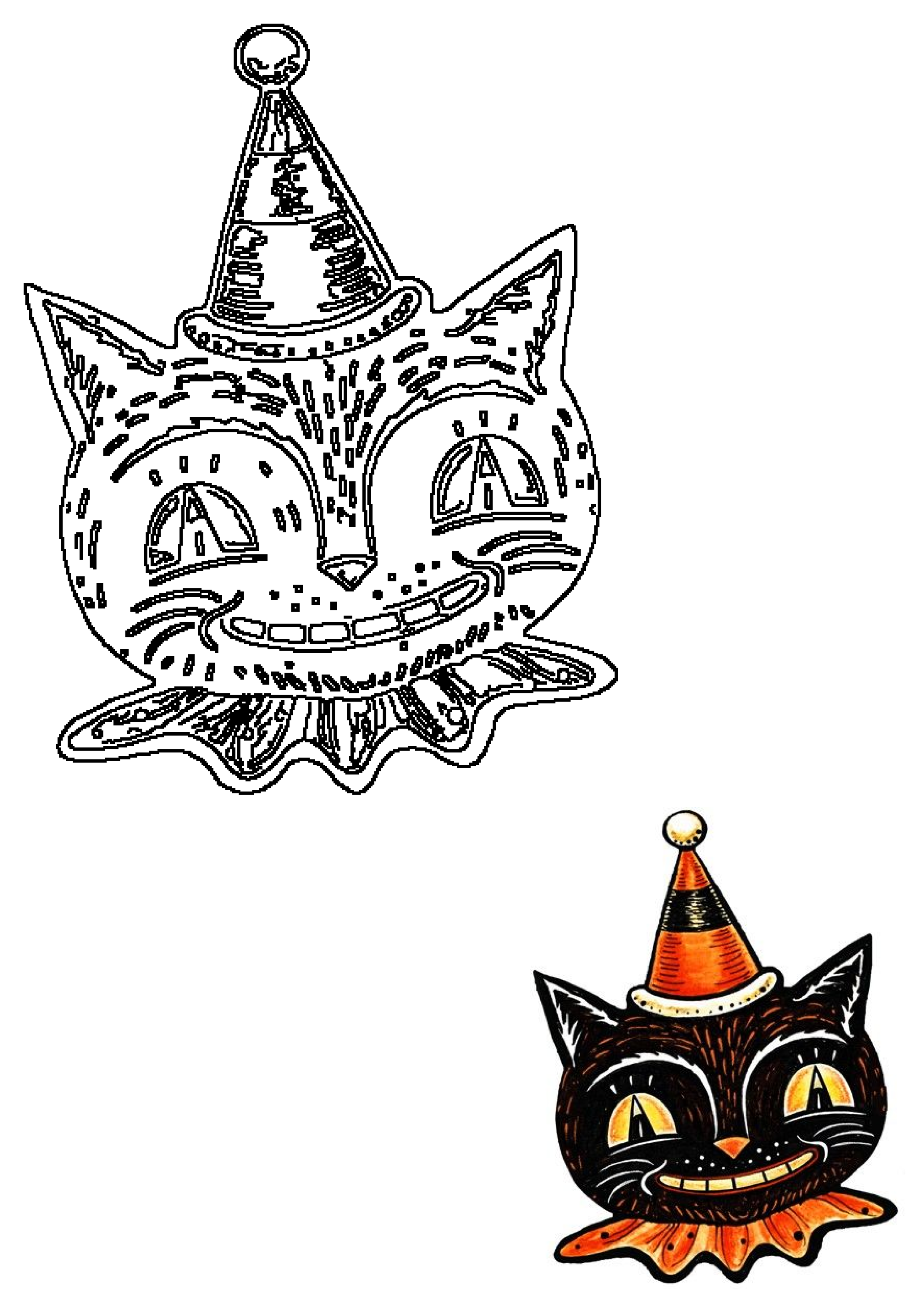 A vintage Halloween black cat clown illustration, featuring a smiling black cat wearing a party hat and ruffled collar.