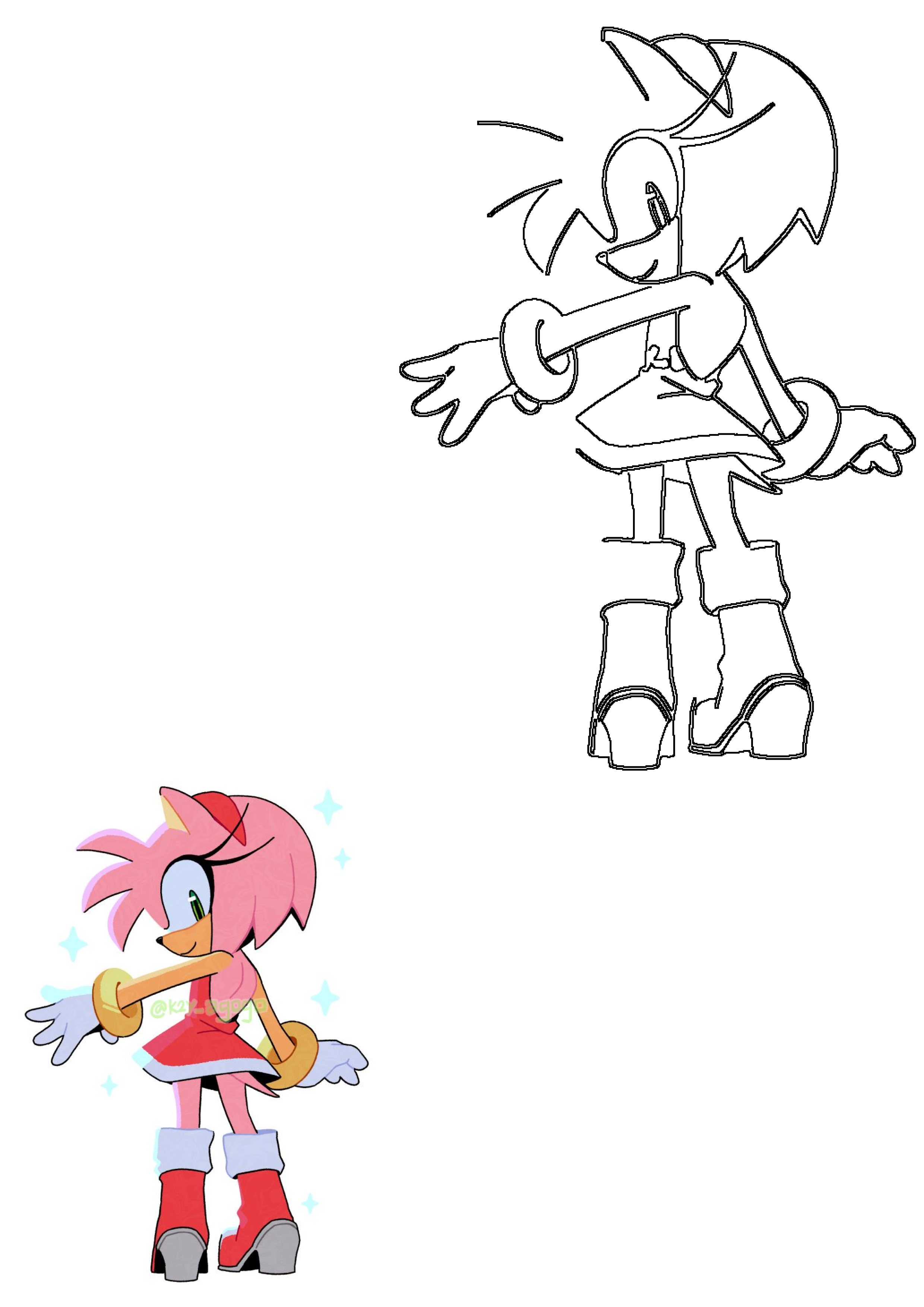 Amy Rose in a vibrant colored illustration with sparkles, presented next to an uncolored outline drawing from Sonic The Hedgehog.